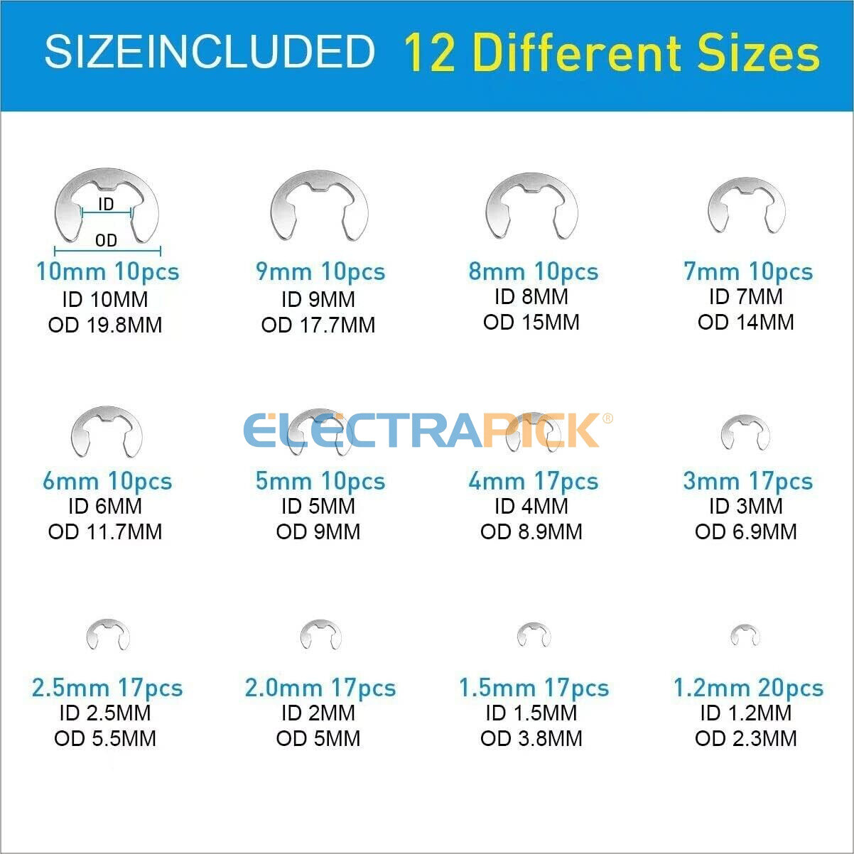 327Pcs Stainless Steel E-Clip Circlip Kit Retaining Ring Assortment Set 24 Sizes