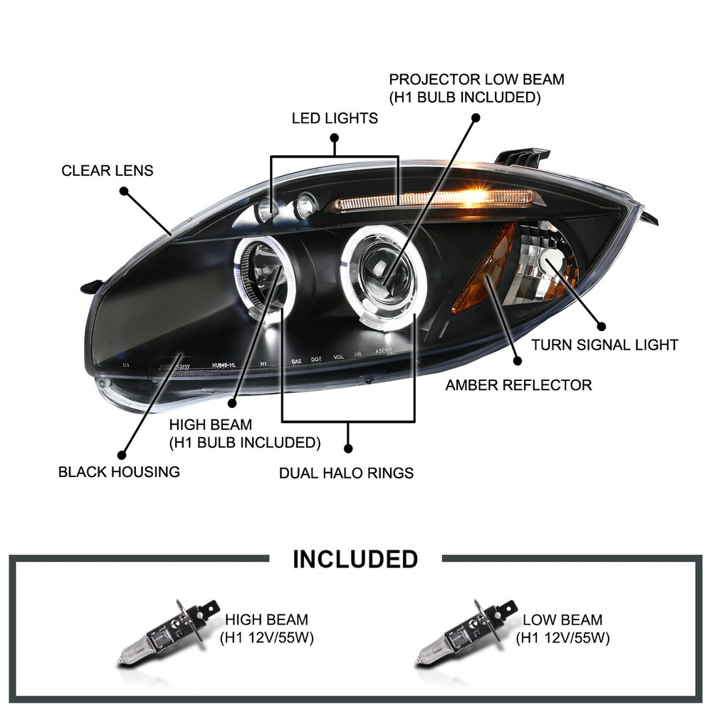 Black Fits 2006-2012 Mitsubishi Eclipse LED Halo Projector Headlights Left+Right