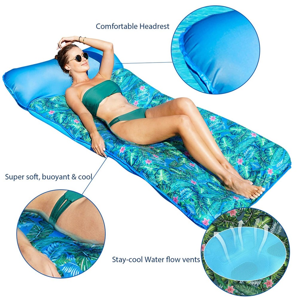 Oversized Inflatable Pool Float with Headrest Extra Large Monstera Green Design