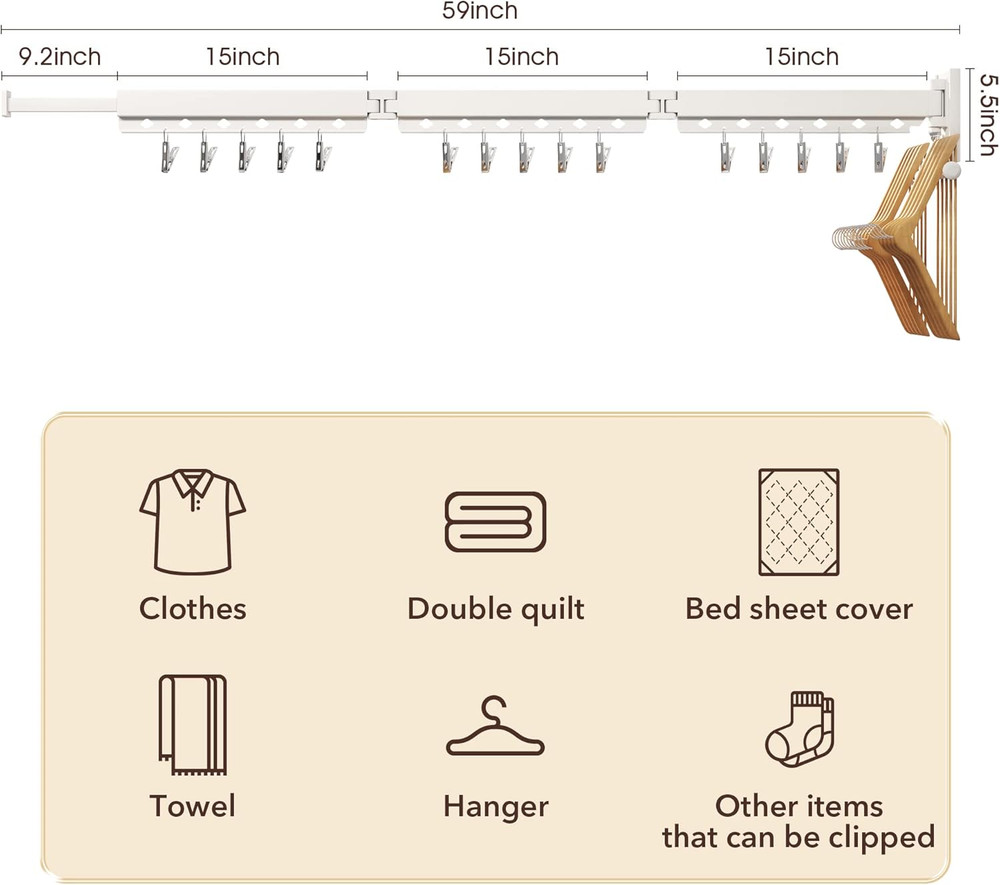 Retractable Wall Mounted Clothes Hanger & Drying Rack with Clips - White