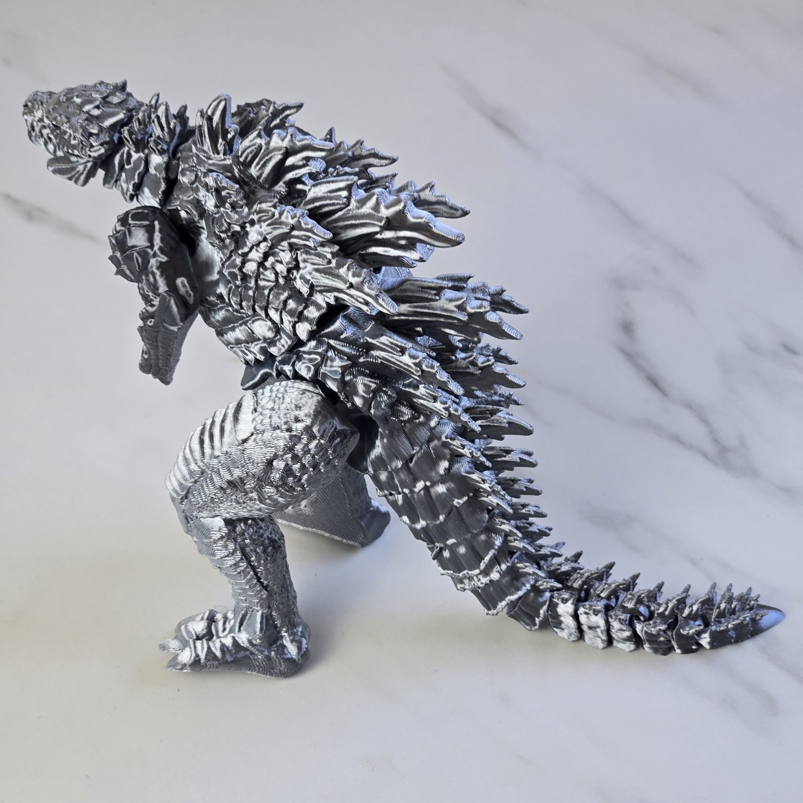 3D Printed Articulated Godzilla Figure - Dual Color Silver/Black - Highly Detail