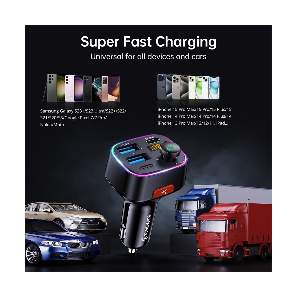 Syncwire Bluetooth 5.4 FM Transmitter Car Adapter 48W (PD 36W & 12W... Fast Ship