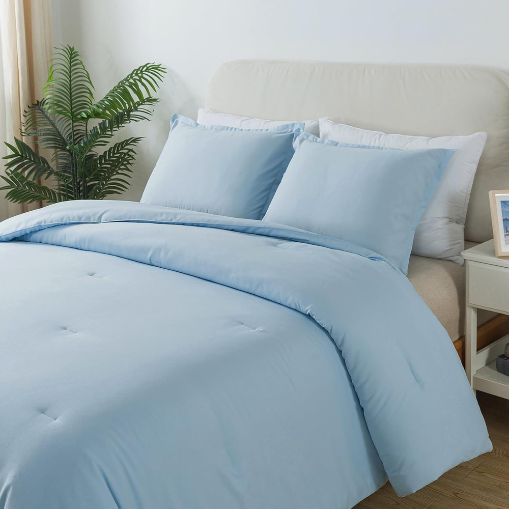 Queen Light Blue Comforter Set, Solid Lightweight Skin-Friendly Boho Bedding Set