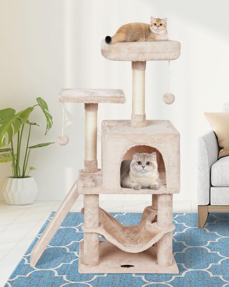 Indoor Cat Tree Tower with Scratching Post, Hammock & Condo Beige