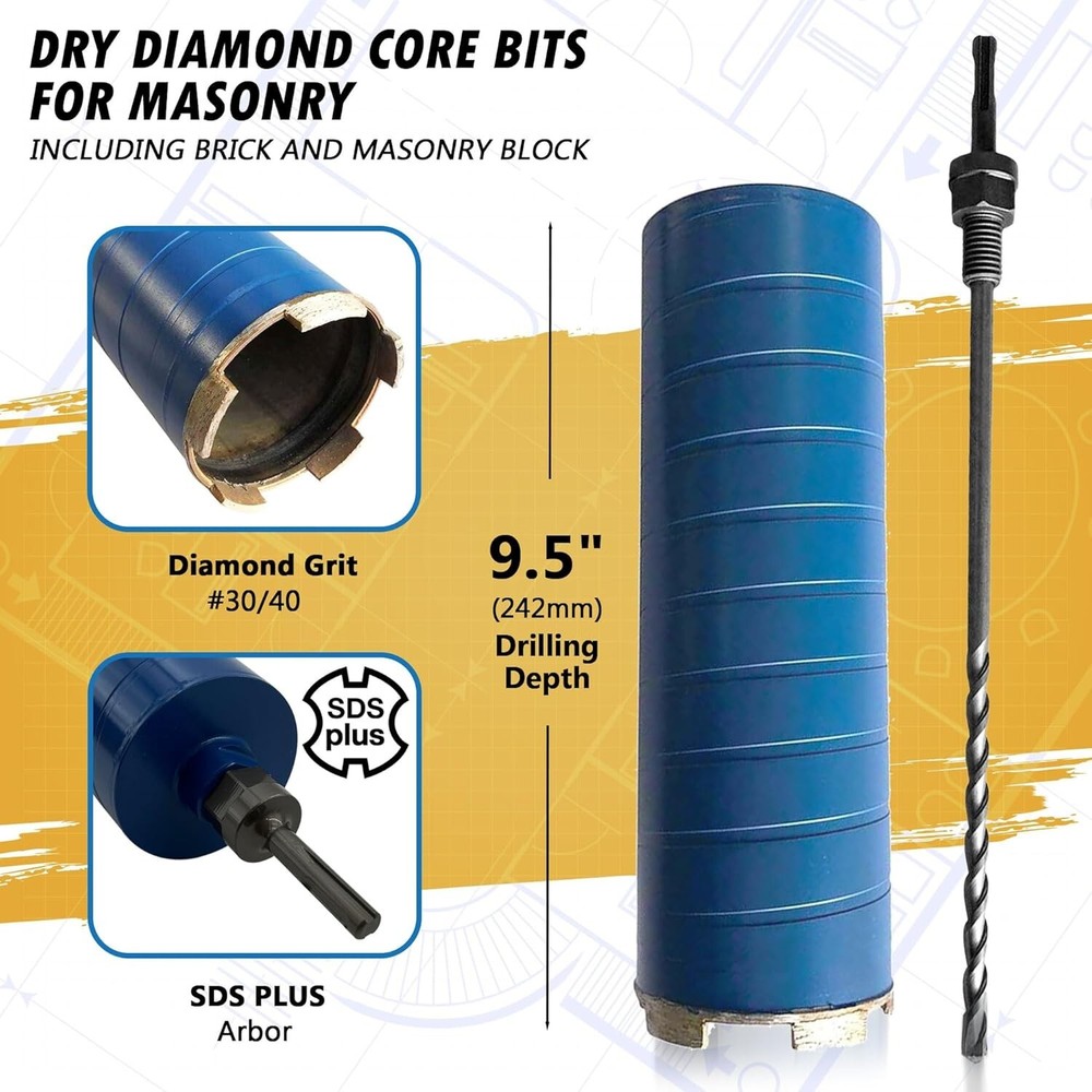 2" Diamond Dry Core Bit for Brick and Block with SDS Plus Pilot Bit Adapter, ...