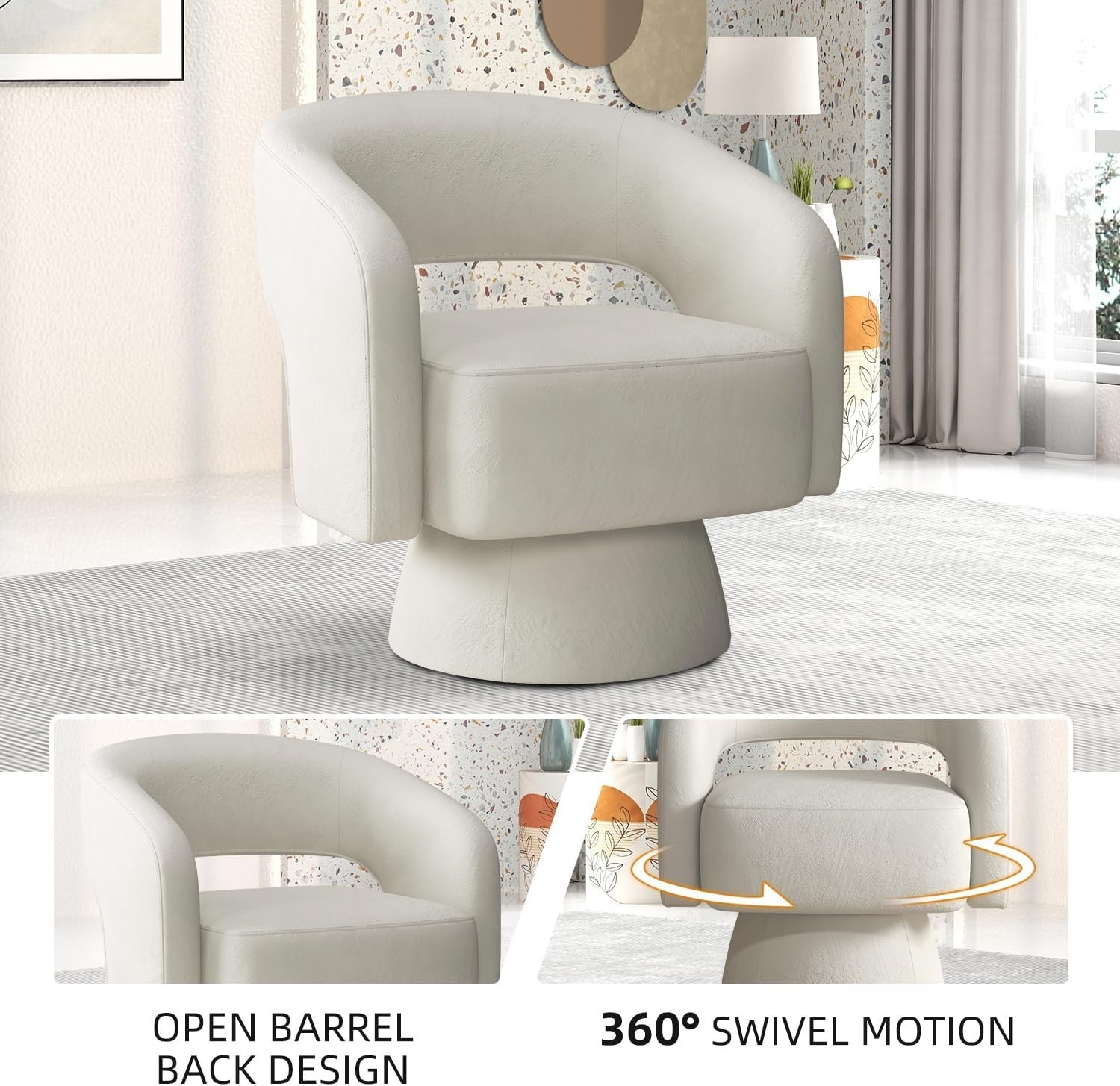 EBELLO Swivel Barrel Chair, Velvet Fabric Swivel Accent Chair with Soft Cushion