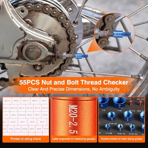 Nut and Bolt Thread Checker (30 Standard & 25 Metric), Detachable Bolt 55Pcs