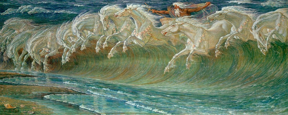 Neptune's Horses, Walter Crane, 14"X35" print on fine art paper, Ocean waves