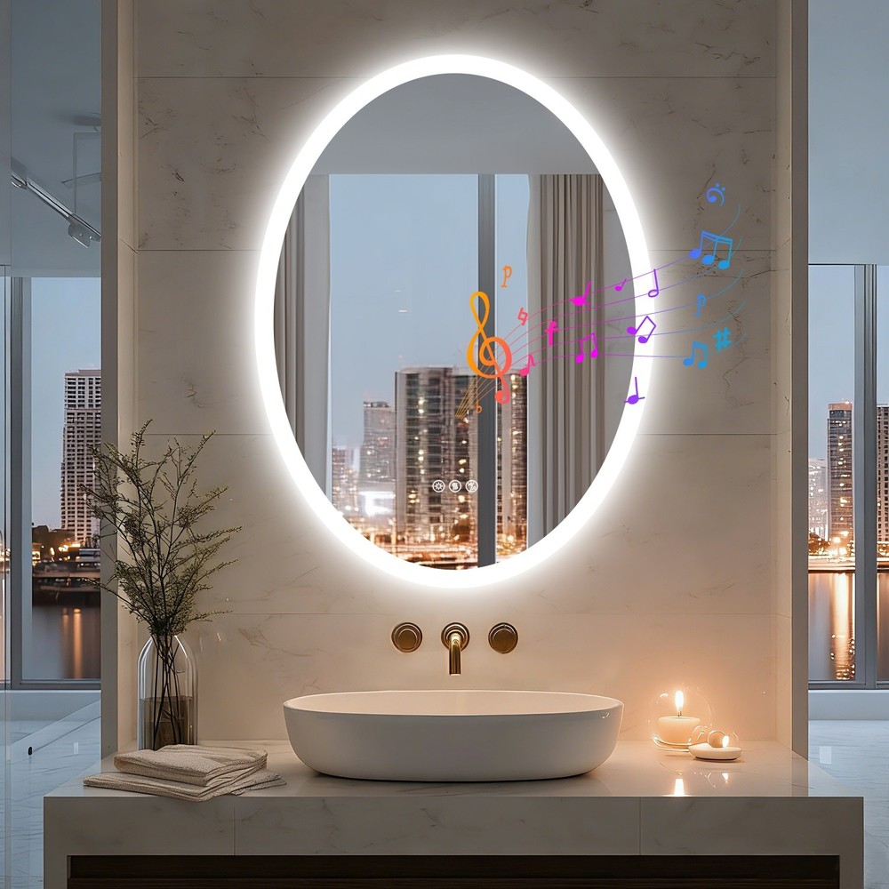 Oval LED Bathroom Bluetooth Mirror Touch Antifog Memory 3 Color Light Adjustable