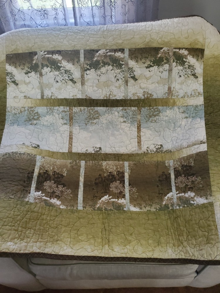Handmade Earthy- Colored Patterned Lap Quilt, Machine-Quilted