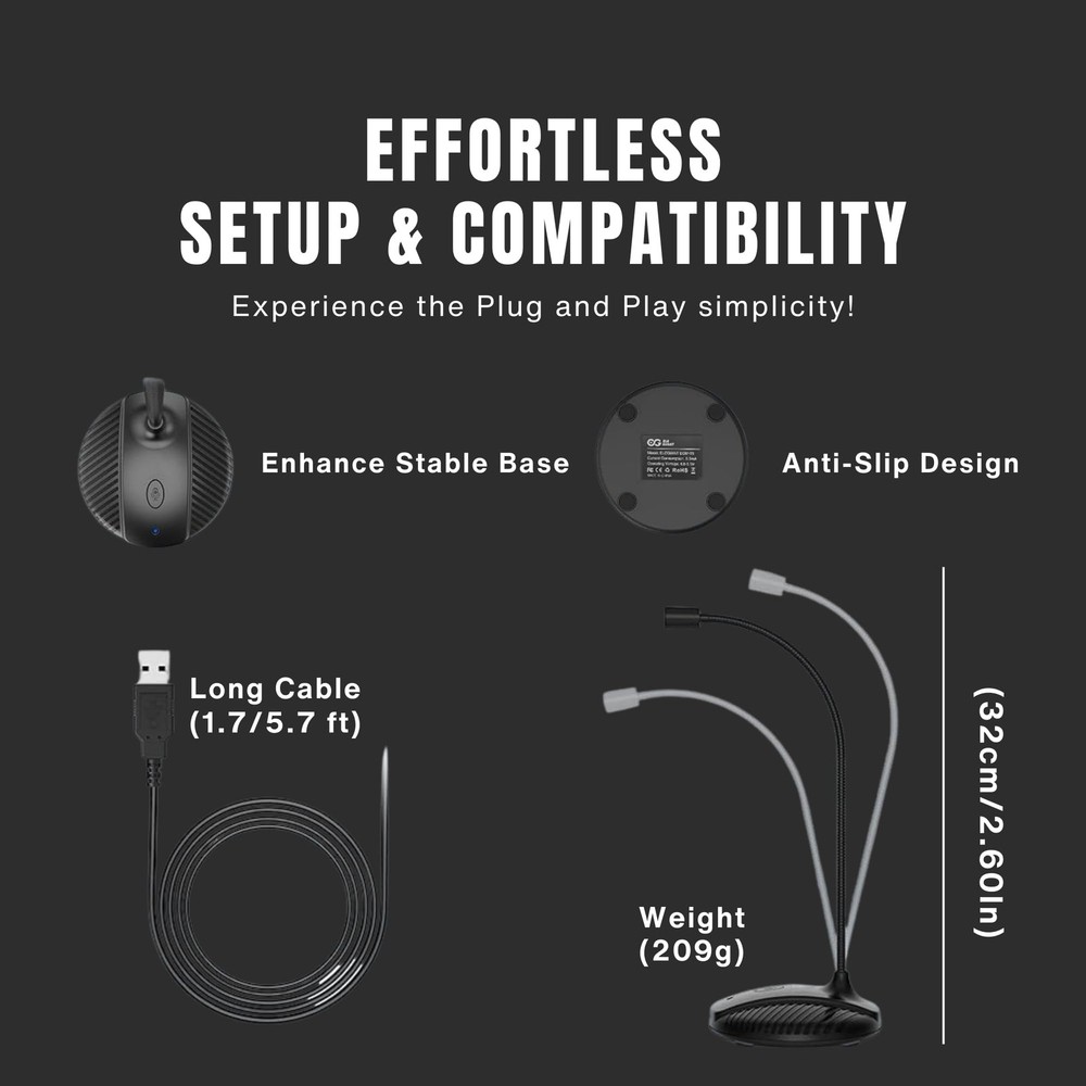 Gooseneck USB Microphone, PC, Plug Play, Mute Button, Omnidirectional, Gaming