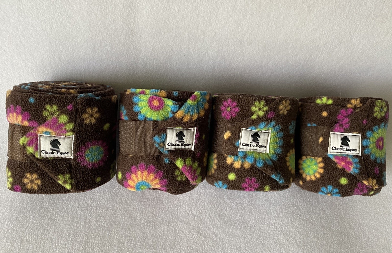 CLASSIC EQUINE Set of(4) POLO WRAPS ~Chocolate FLOWER Pattern~LIGHTLY USED~CLEAN