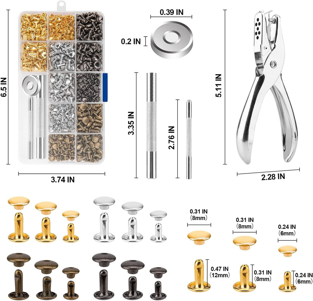 480 Sets Rivets for Leather, 4 Colors 3 Sizes Leather Rivets, Double Cap Rive...