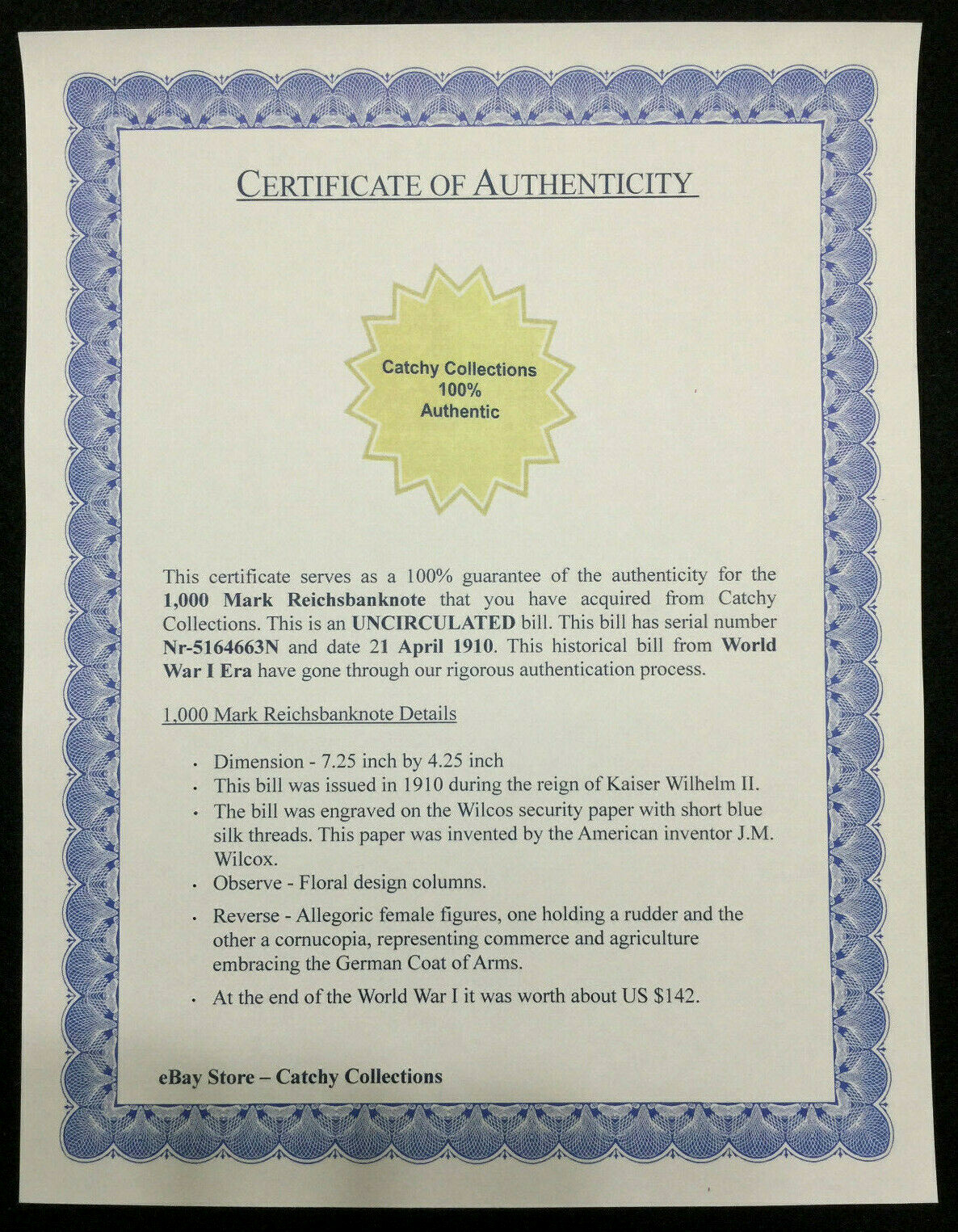 Antique Rare World War I Era Germany 1000 Mark Reichsbanknote UNC -110 Years Old