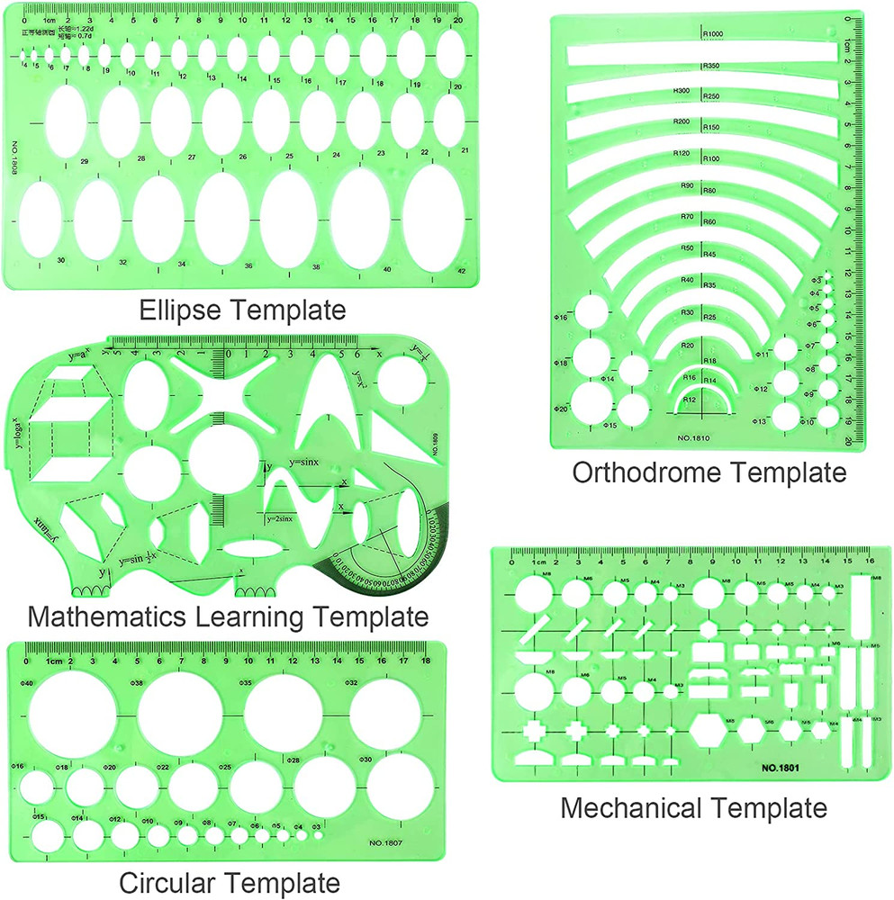 11PCS Geometric Drawings Templates Drafting Stencils Measuring Tools Plastic