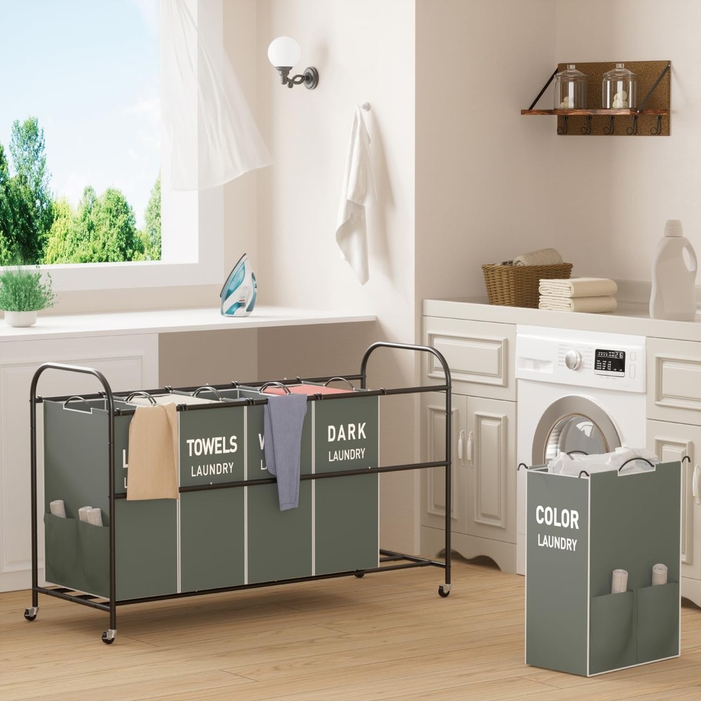 5-Section Laundry Sorter Cart, Large Laundry Hamper with Lockable Rolling Whe...