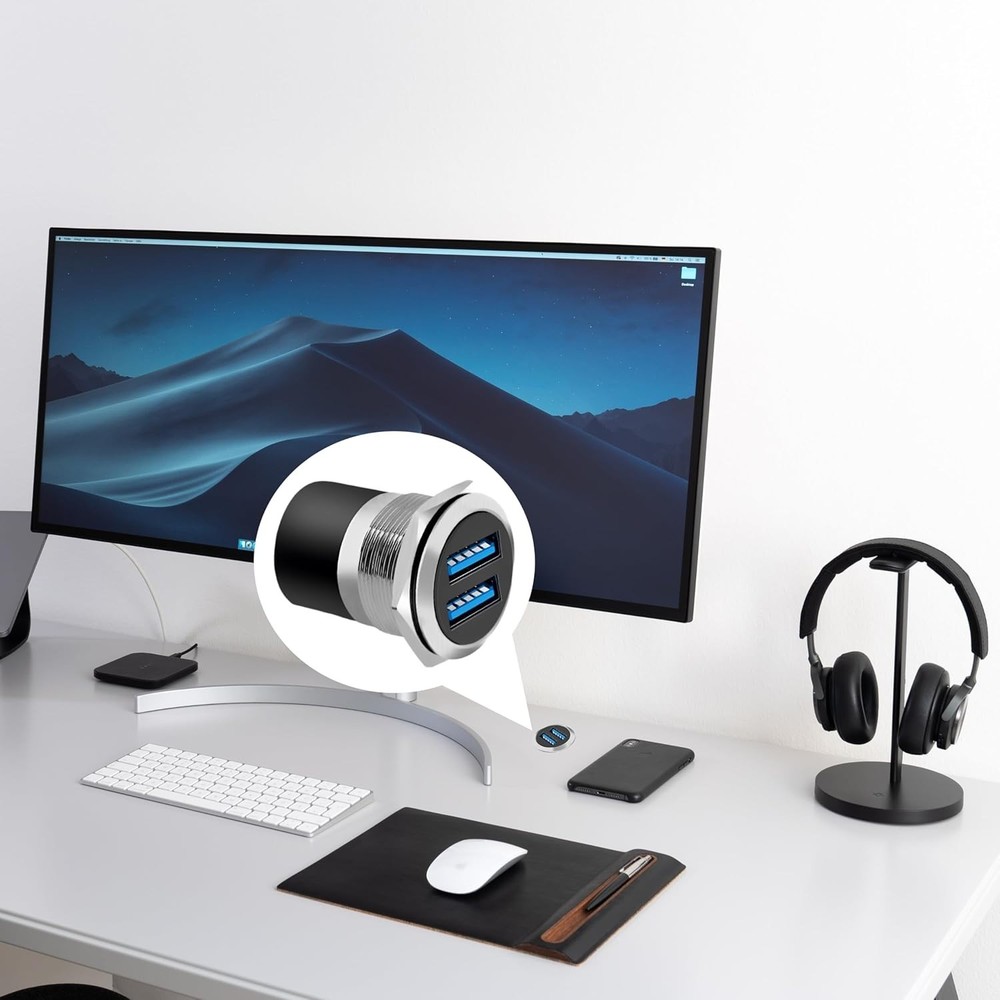 Dual USB 3.0 Panel Mount Adapter - Threaded Round Connector with Black