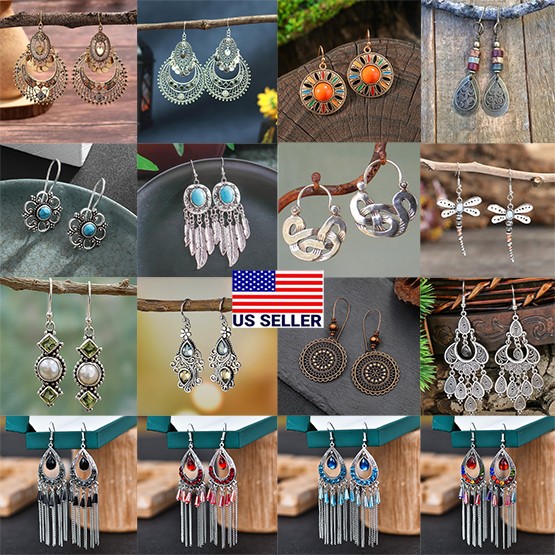 Vintage Boho Drop Dangle Earrings Silver Ear Hook Women Gift Wedding Jewelry USA