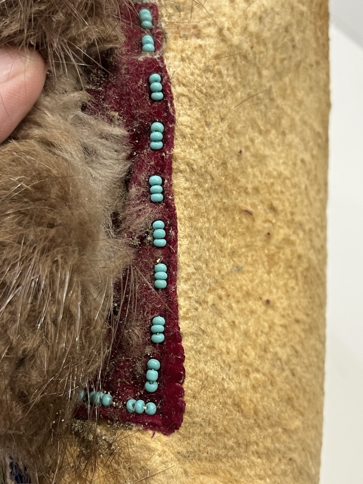 Single Vintage Beaded Indian Moccasin On Hide -Rabbit Fur With Floral Beading