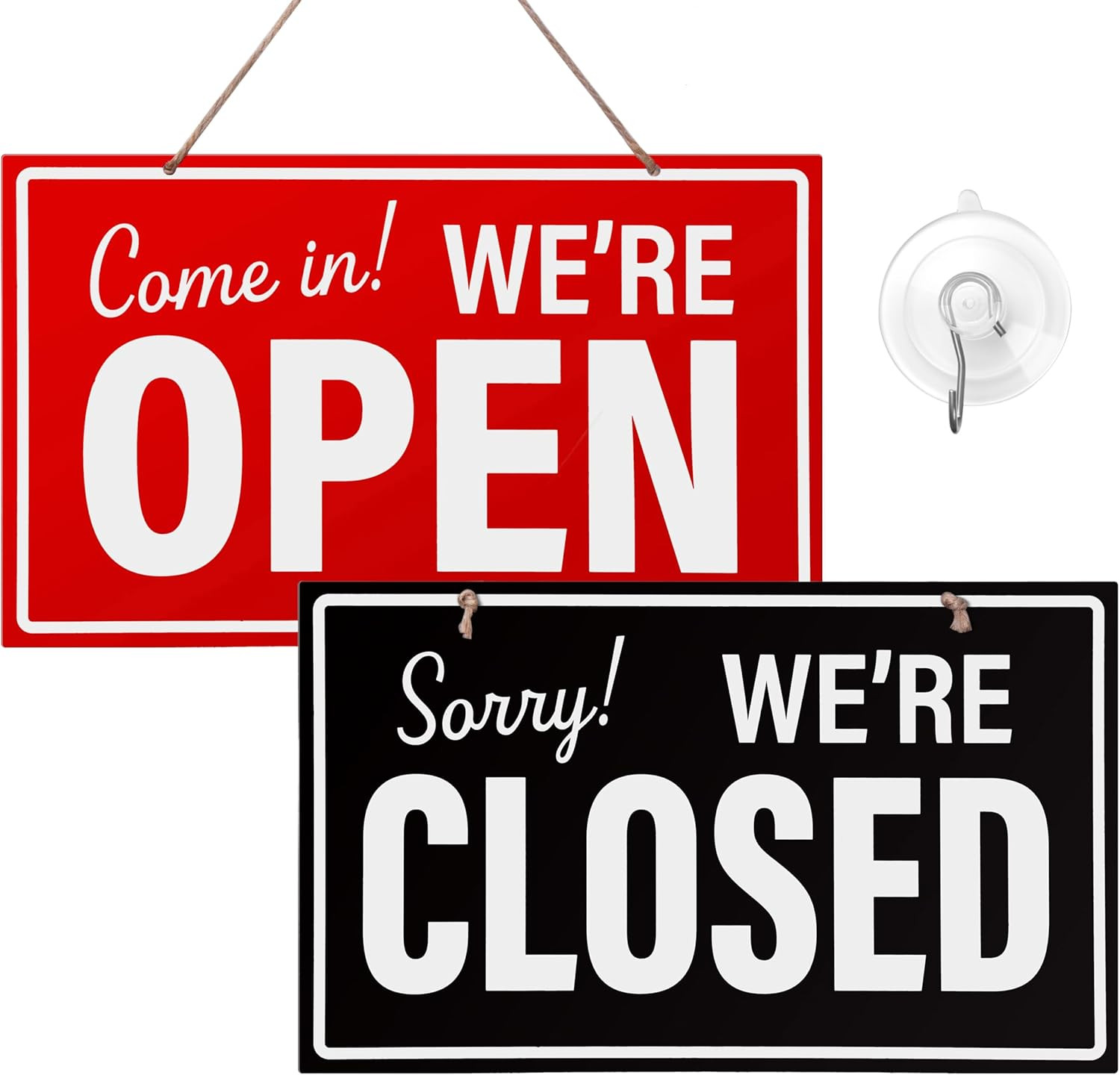 Open Closed Sign for Business, 10" X 6" Double Sided Plastic Sign with Twine, Su