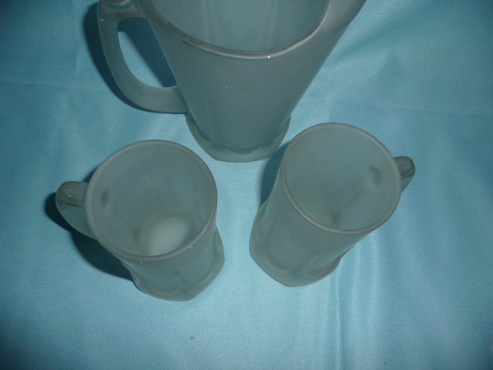 Frosted Glass Pitcher and Two Mugs