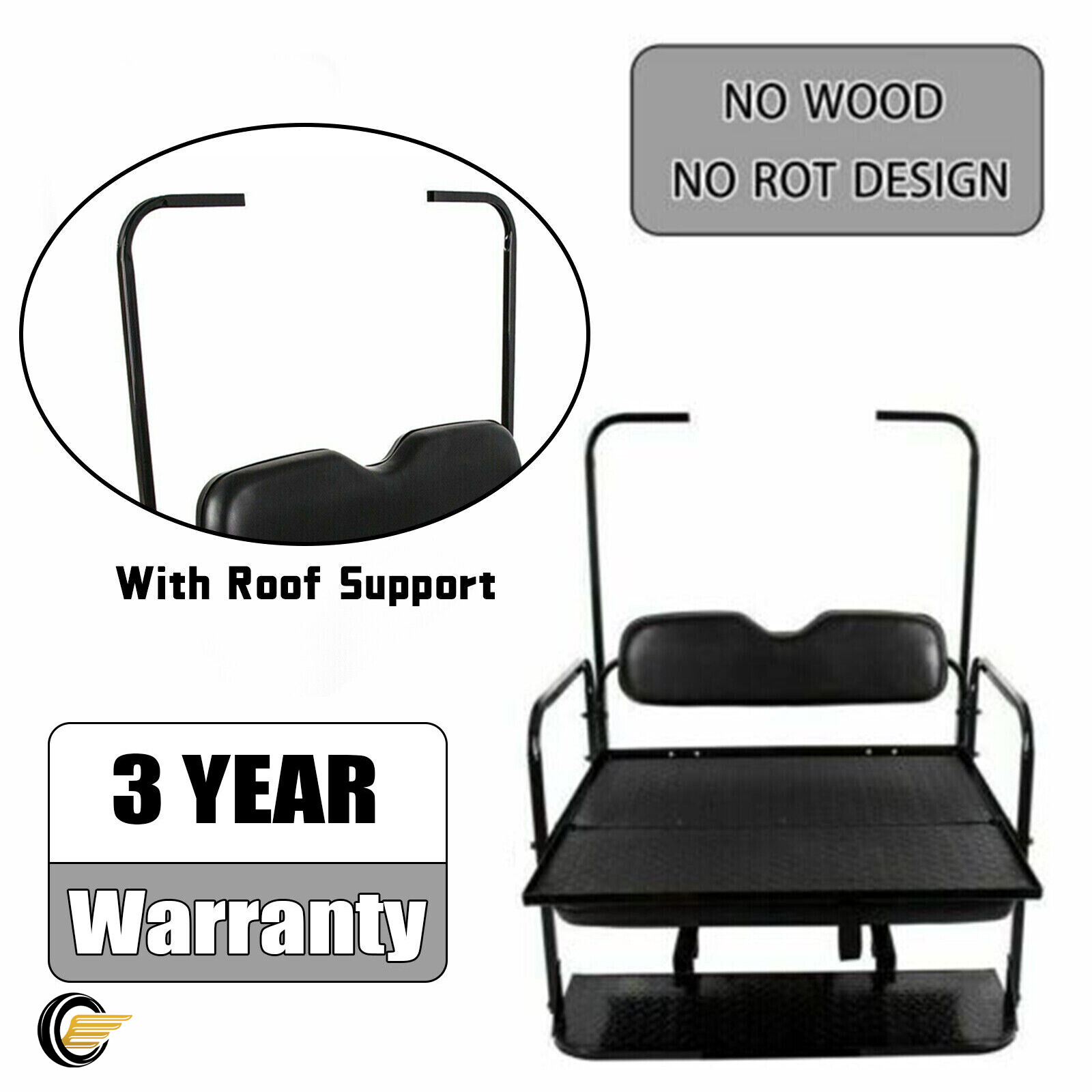 Fit EZGO TXT Golf Cart 1995+ Flip Folding Rear Back Seat with Roof Support Black