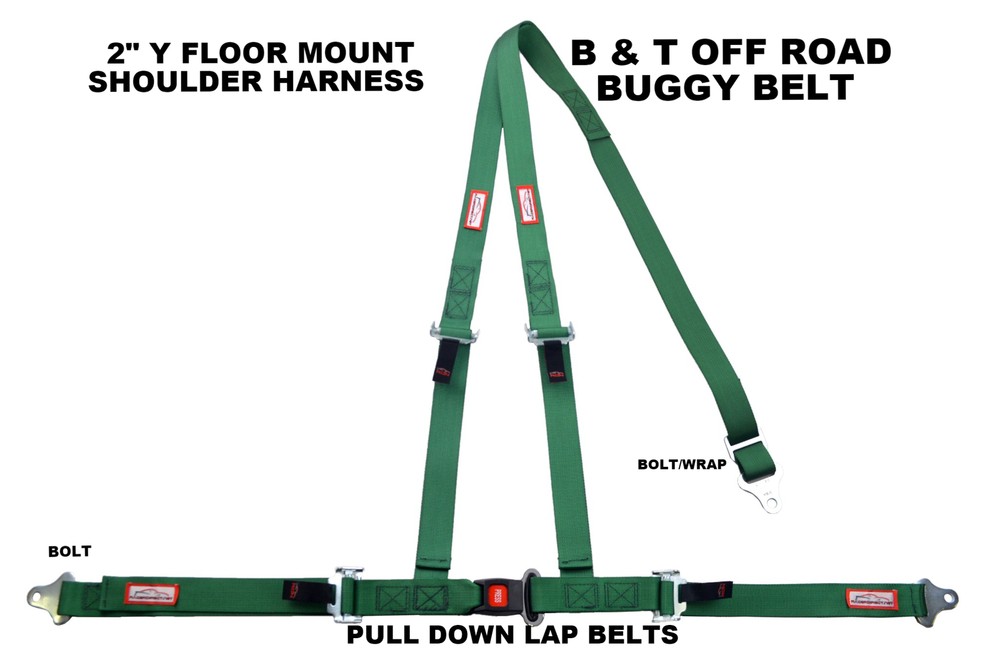 2" FLOOR MOUNT 3 POINT HARNESS SEAT BELT BOLT IN PULL DOWN LAP BELTS DARK GREEN