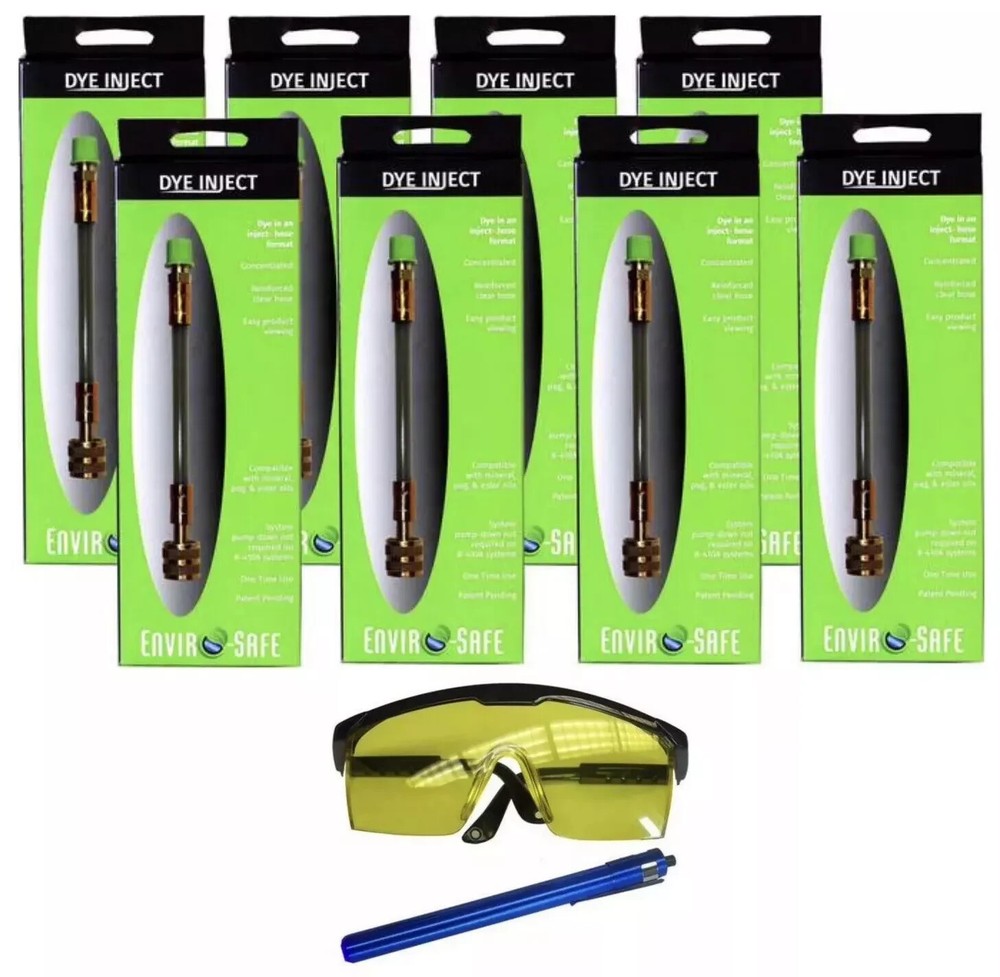 Refrigerant Leak Detector Dye Inject w/ Blacklight + Glasses (8 Pack)