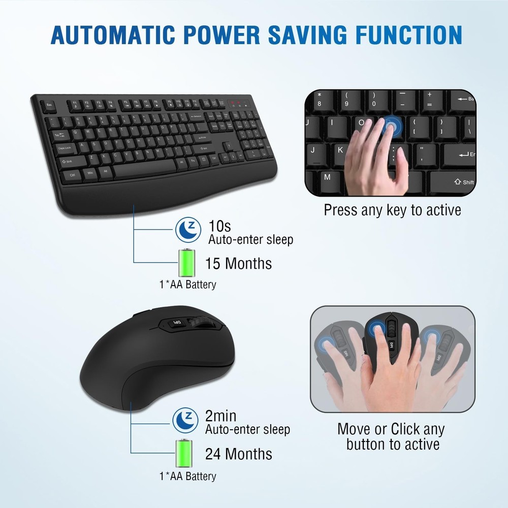 Wireless Keyboard and Mouse Combo, Full-Sized 2.4GHz Wireless Keyboard with C...