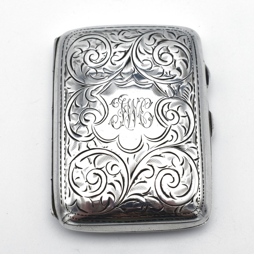 Antique Solid Silver Cigarette Case Pattern Engraved 1918 Curved Acanthus