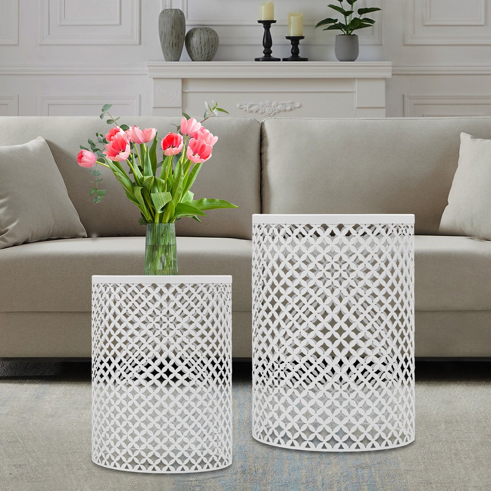 2PCSModern In/Outdoor Side Table Metal Frame Accent Table Round End Table Decor
