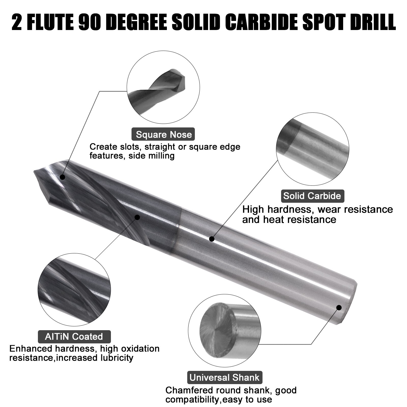 2PCS 2 Flute 3/8"x1"x2-1/2" 90 Degree Solid Carbide Spot Drill - AlTiN Coated
