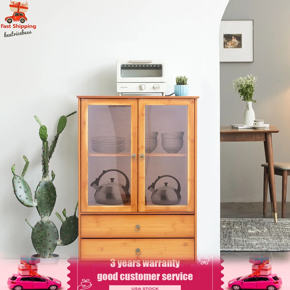 2-Compartments Bamboo Kitchen Sideboard Storage Organizer Cupboard Freestanding
