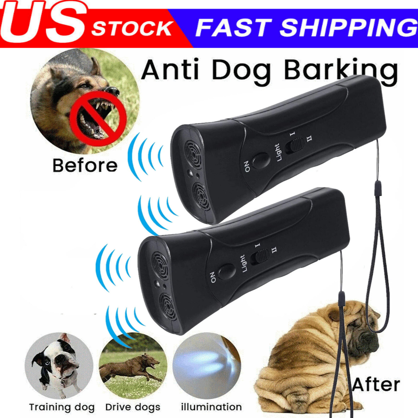 Ultrasonic Anti Dog Barking Device Pet Trainer LED Light Gentle Chaser Style Lot