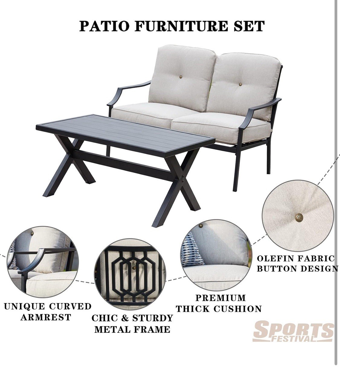 Festival Depot Patio Loveseat Set, Black & Beige, Steel Frame, Table, Cushions