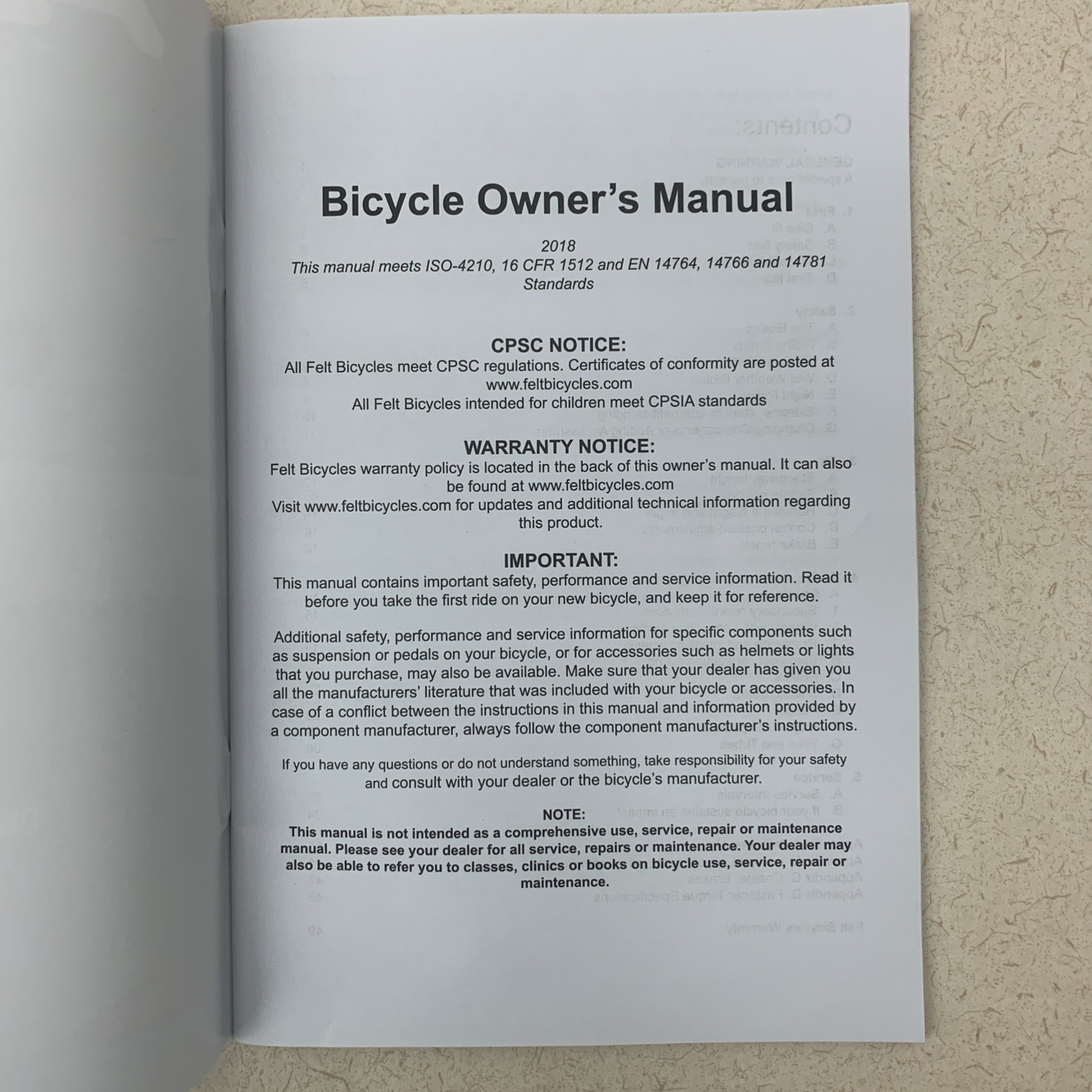 Felt Bicycles Owners Operator Manual Original Reference OEM 2018