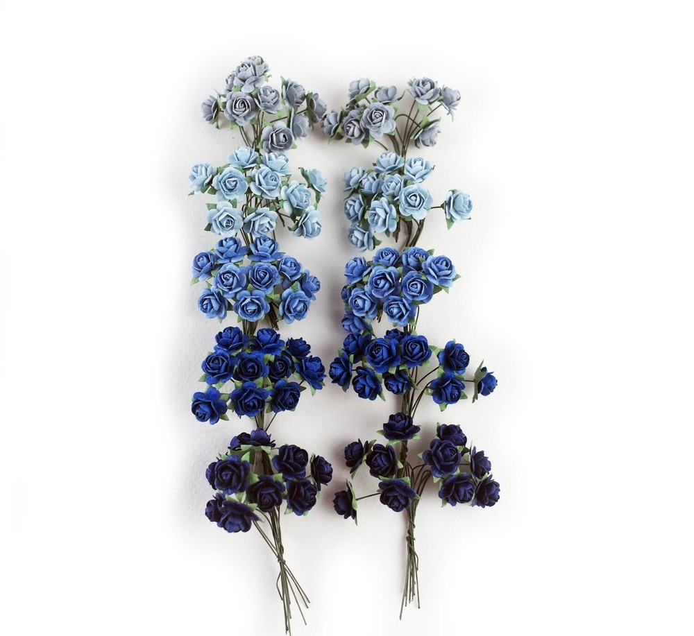 100 pcs Tiny Artificial Roses Mixed Dark and Light Blue Shade Five Color Mulb...