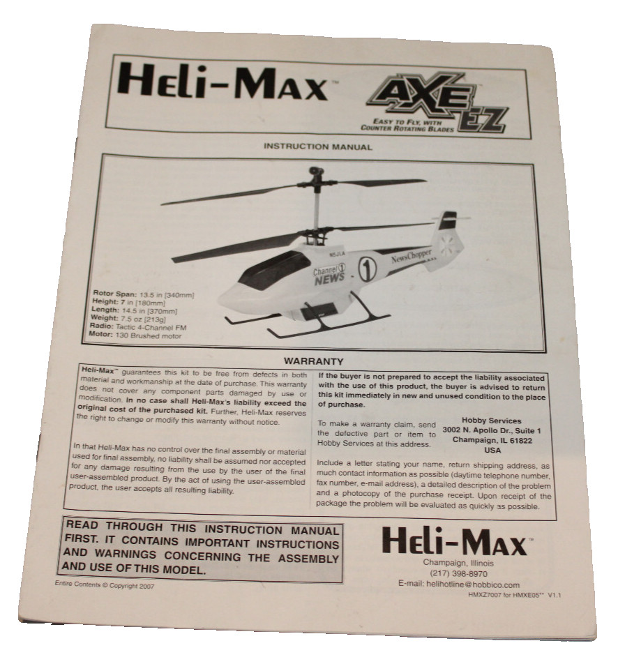 Heli-Max AXE EZ Instruction Manual ONLY RC Helicopter