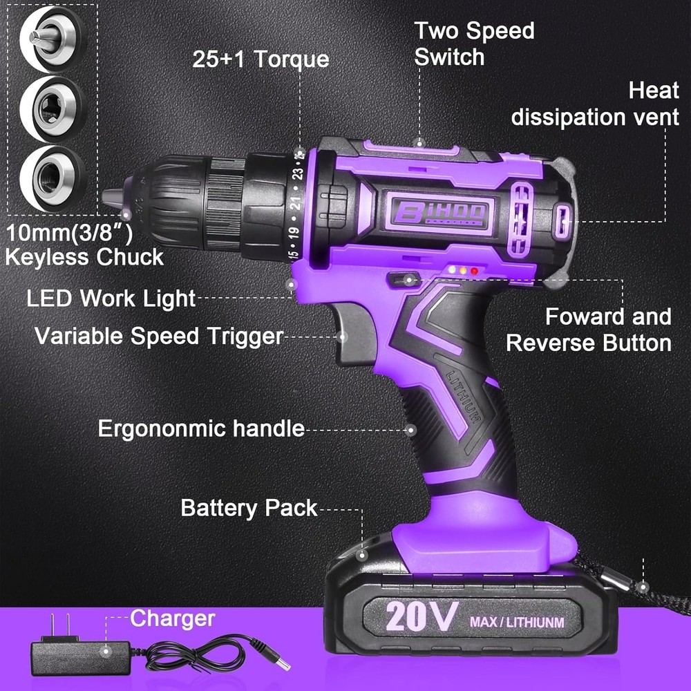 Cordless Drill Set 20V Power Drill Driver with Bits LED Light Safety