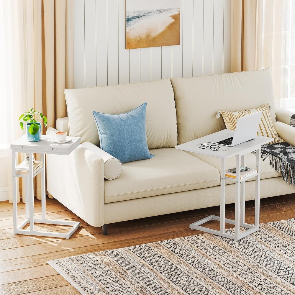 Small Snack Table Foldable End Table C Shaped Side Table W/ Storage Shelf