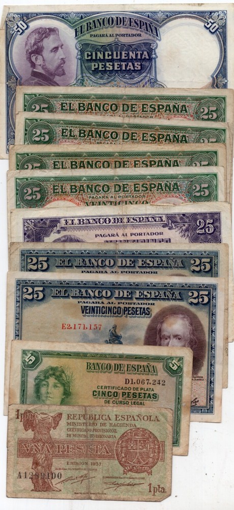 SPAIN LOT 1O NOTES. 6 DIFF TYPES. SAME IN SCAN. BARGAIN. 6RW 20GEN