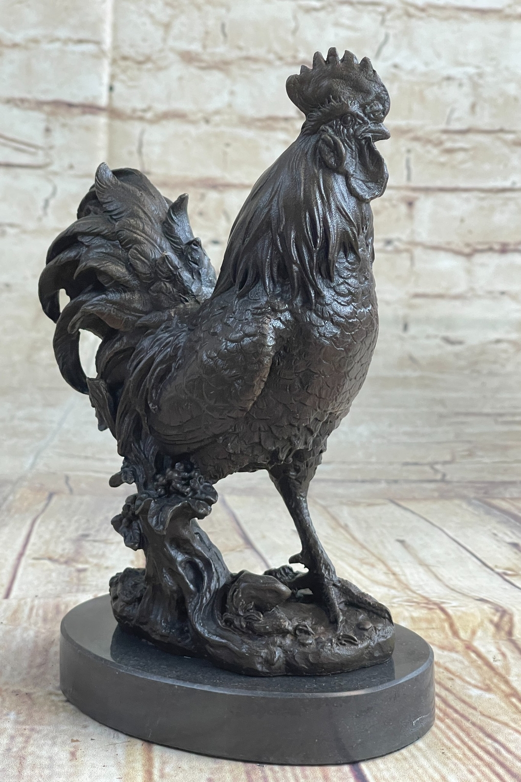 Chicken Rooster Farm Animal Bronze Statue Sculpture Figure Decor on Marble Base