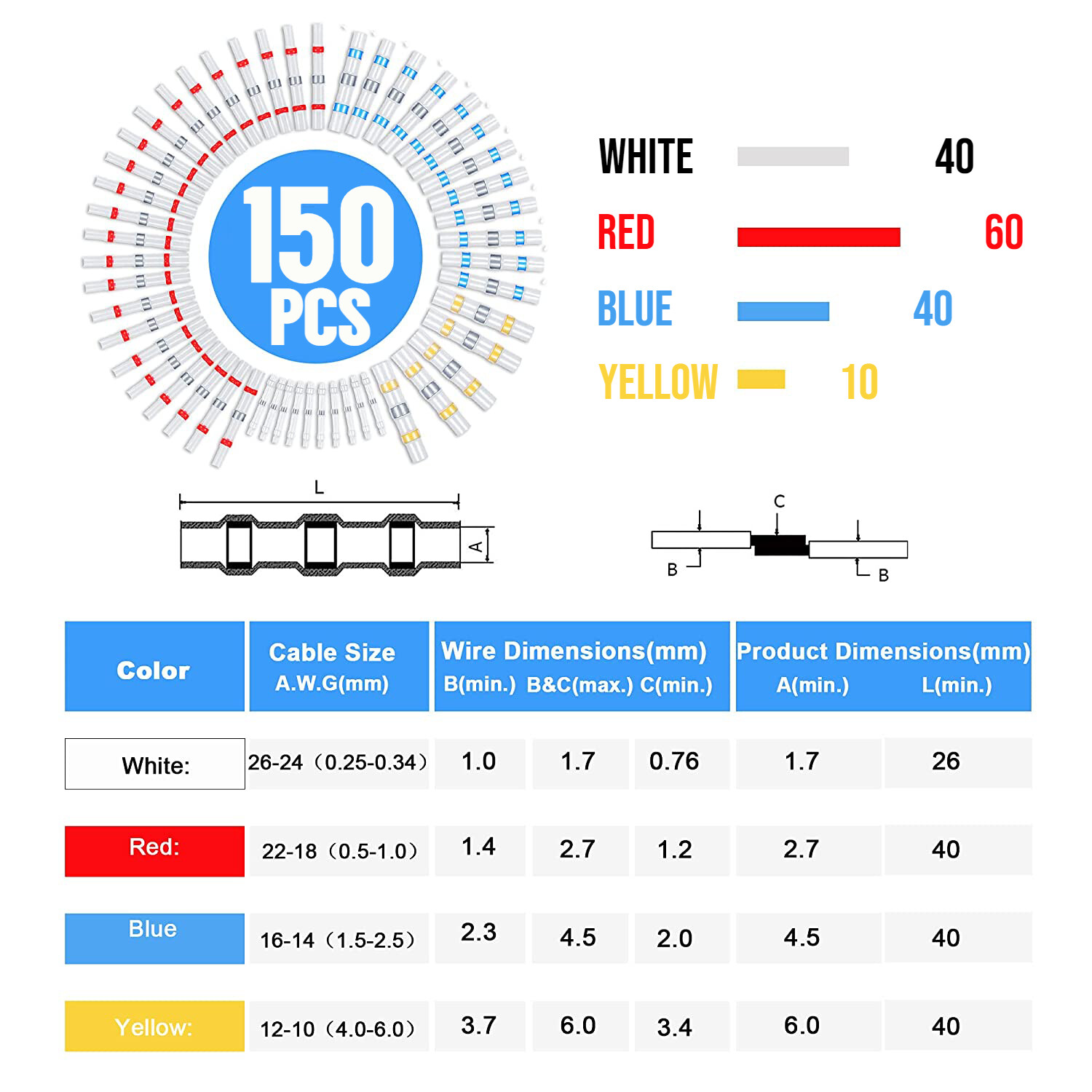 150PCS Solder Sleeve Seal Heat Shrink Butt Wire Connectors Terminals Waterproof