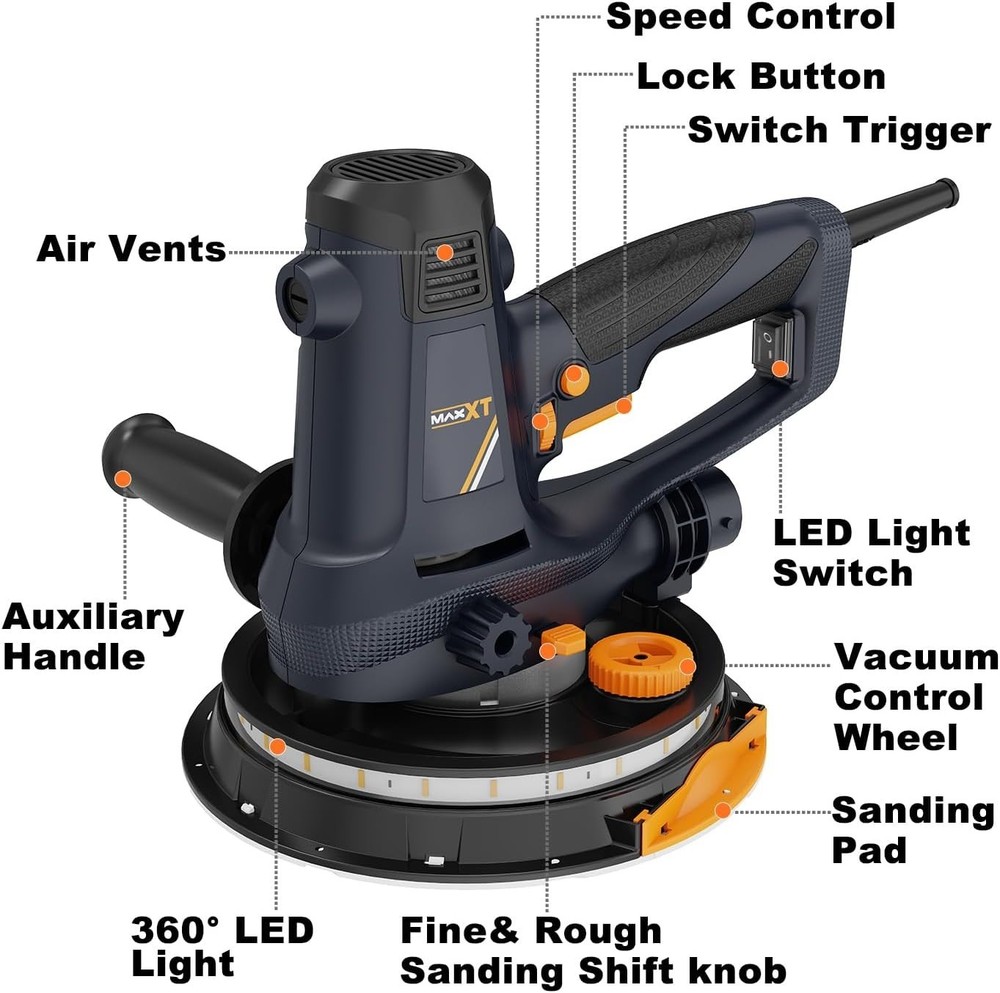Electric Handheld Drywall Sander with Variable Speed and Dust Extraction Feature