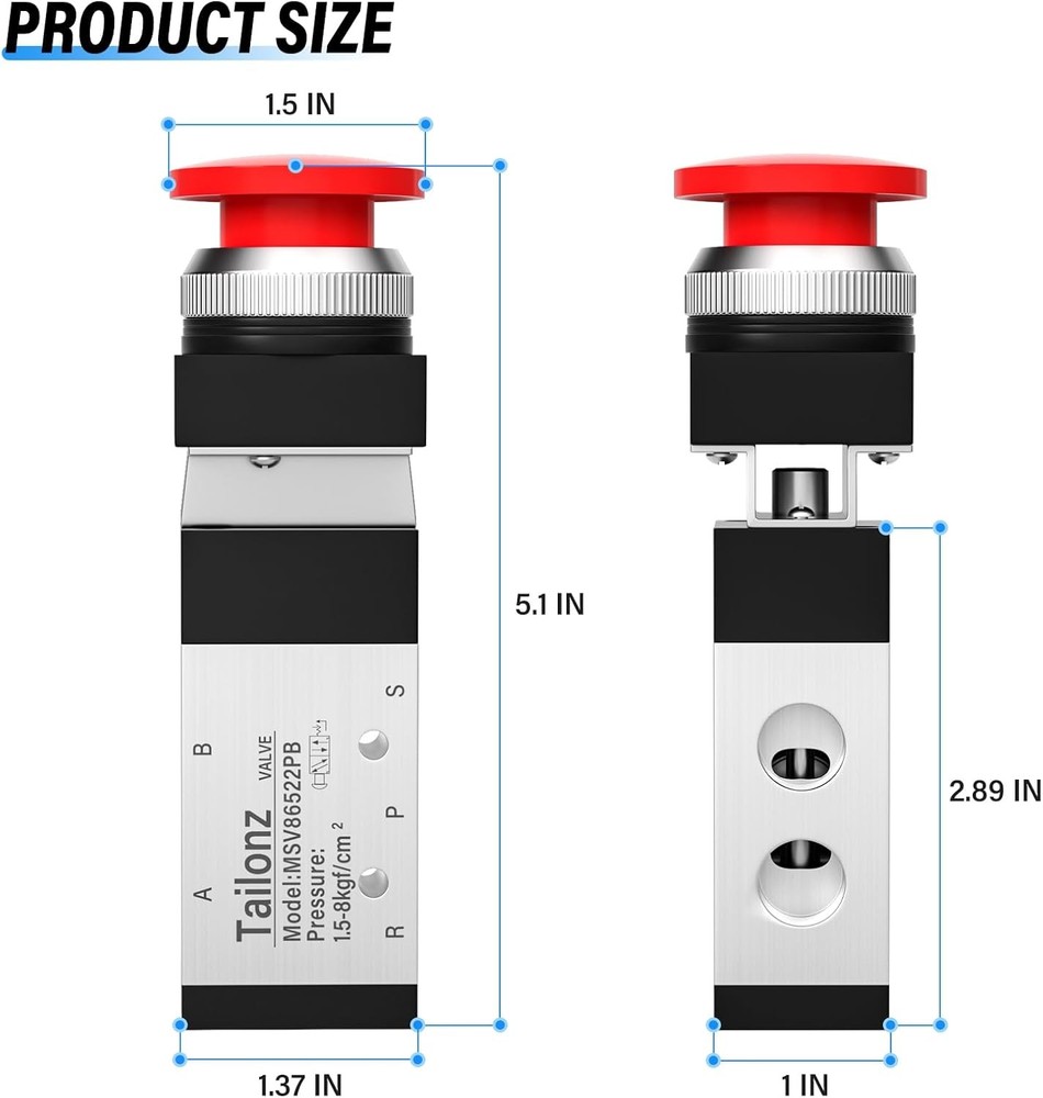 TAILONZ PNEUMATIC 1/4”NPT Automatic reset type Push 5 Way 2 Position, Red
