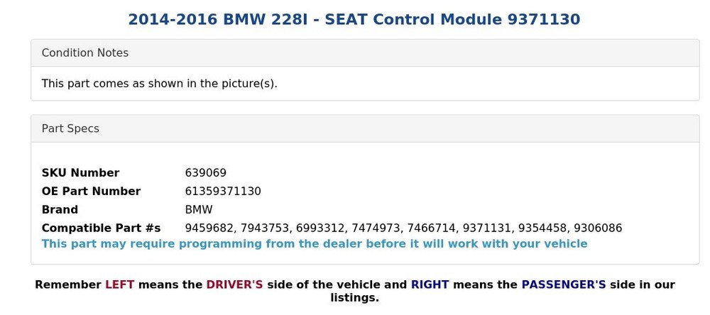 2014-2016 BMW 228I - SEAT Control Module 9371130