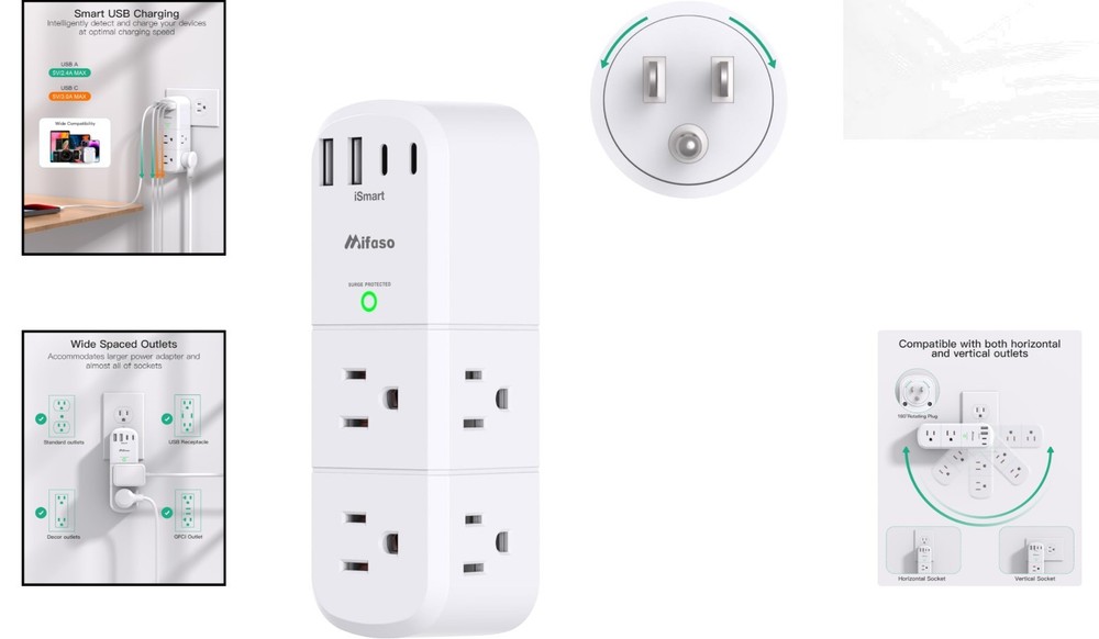 Compact Surge Protector Power Strip with Rotating Plug and 10-in-1 Functionality