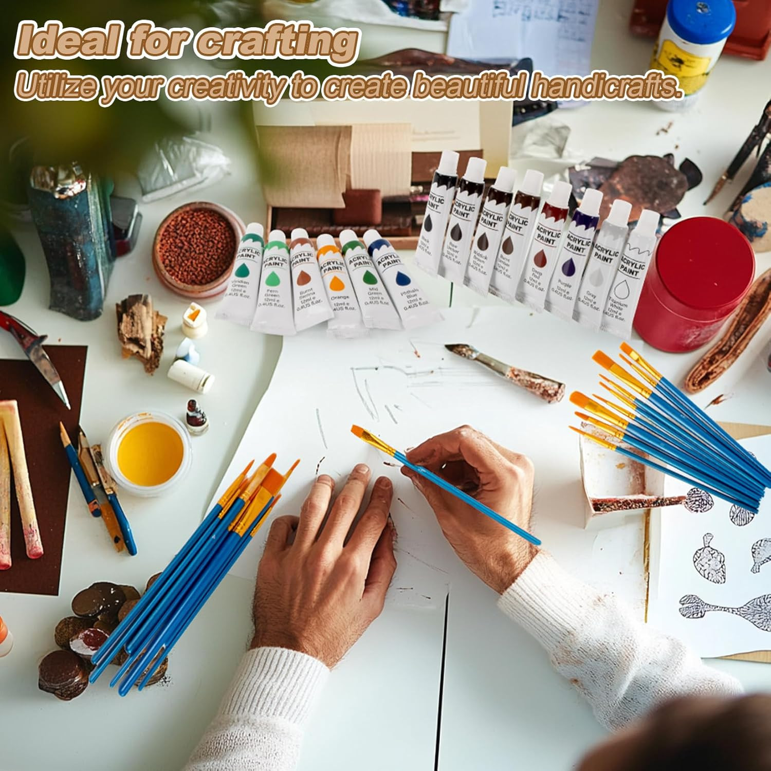 Acrylic Paint Set - 24 Colors, 20 Brushes, Non-Toxic Paint for Canvas, Wood, Roc