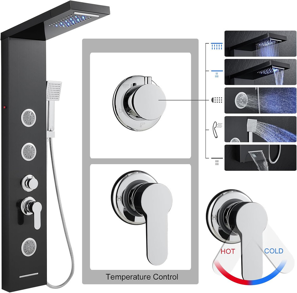 5-in-1 Black LED Shower Panel with Rainfall, Jets & Handheld Showerhead