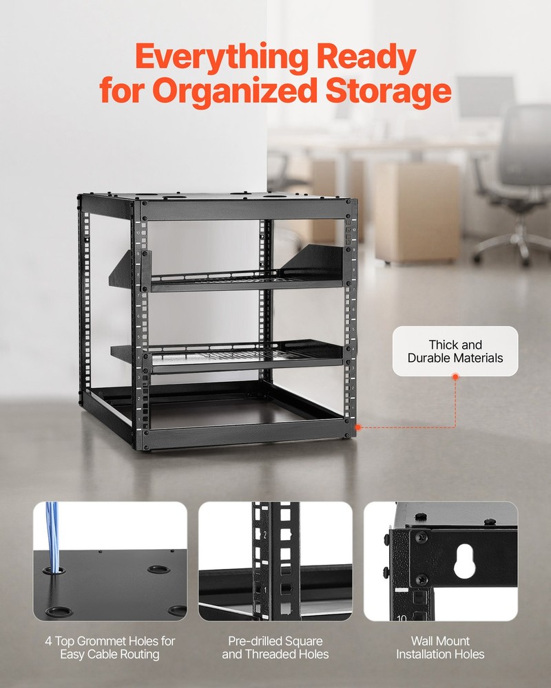 VEVOR 10U Open Frame Network Rack Wall Mounted Server Rack 4 Post with Shelves